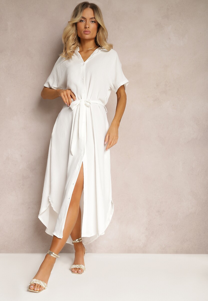 Biała Koszulowa Sukienka z Wiskozy z Materiałowym Paskiem w Talii Gialara