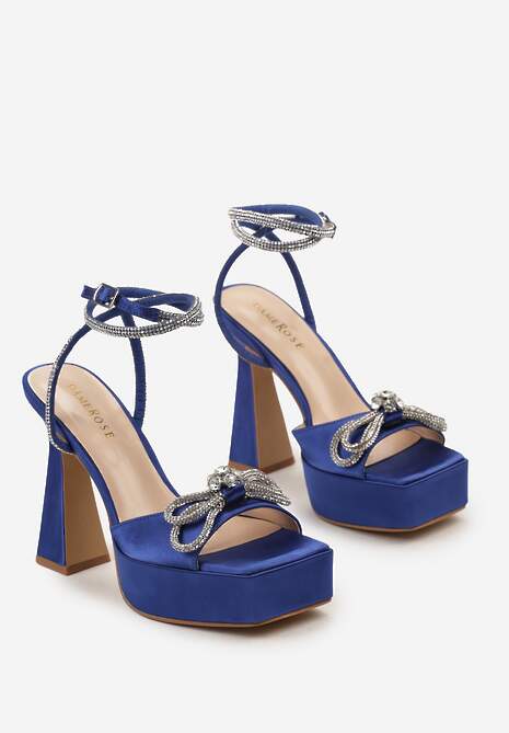 Niebieskie Sandały Sandały na Wysokiej Klepsydrowej Szpilce i Platformie z Kokardką z Cyrkonii Josalind