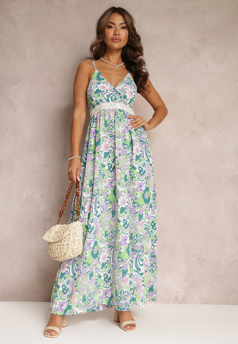 Zielona Rozkloszowana Sukienka Maxi na Ramiączkach Blakela