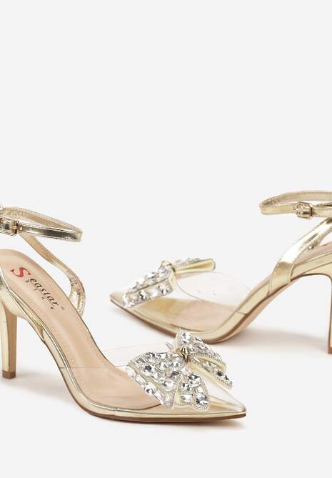 Złote Sandały na Obcasie z Przezroczystym Noskiem z Cyrkoniową Kokardą Azilda