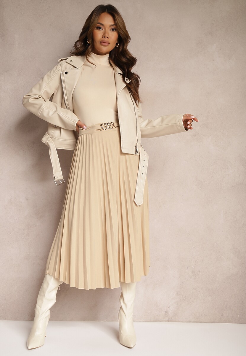 Beżowa Plisowana Spódnica z Gumką w Talii i Ozdobą w Serca Pearlis