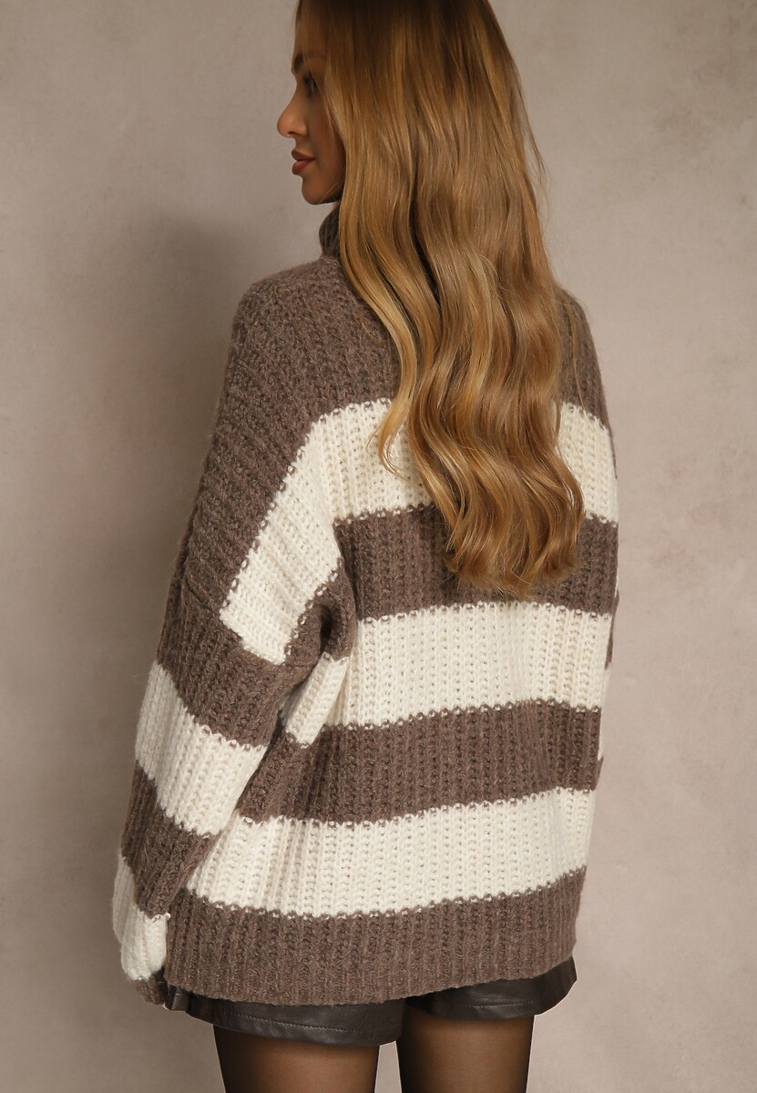 Brązowy Golf z Wiskozą i Wełną Ozdobiony Motywem Pasków Monorra