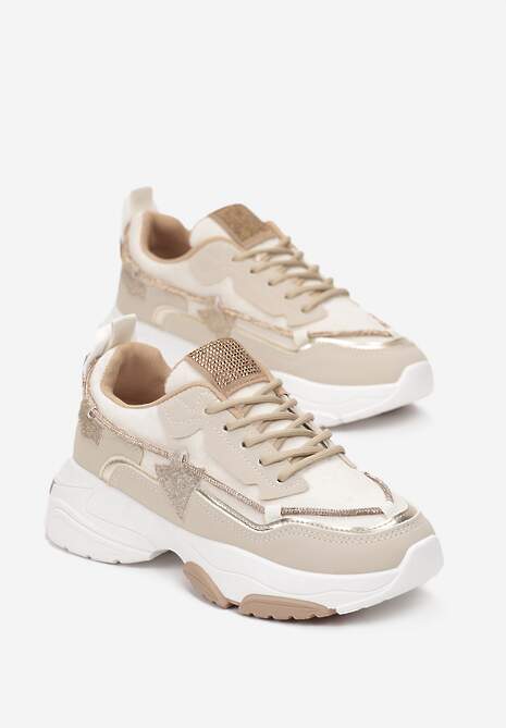 Beżowe Sneakersy z Cyrkoniami na Grubej Podeszwie Leinov