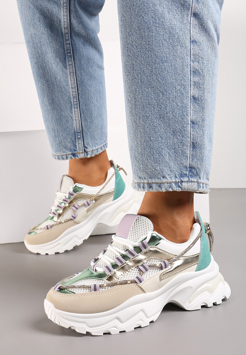 Beżowo-Zielone Sneakersy z Metalicznymi Wstawkami na Niskiej Platformie z Ozdobnym Sznurkiem Oiriema