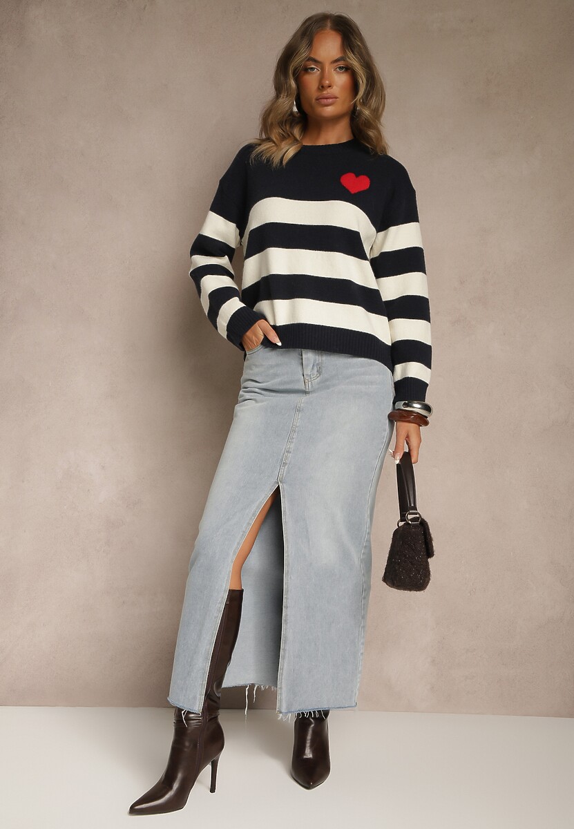 Granatowy Prosty Sweter z Domieszką Kaszmiru Zdobiony Wzorem w Pasy Tarvane