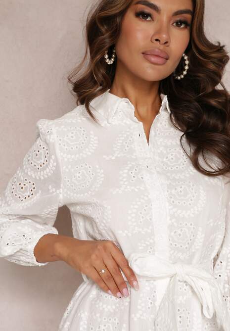 Biała Bawełniana Sukienka Ozdobiona Haftem Koszulowa Baucia