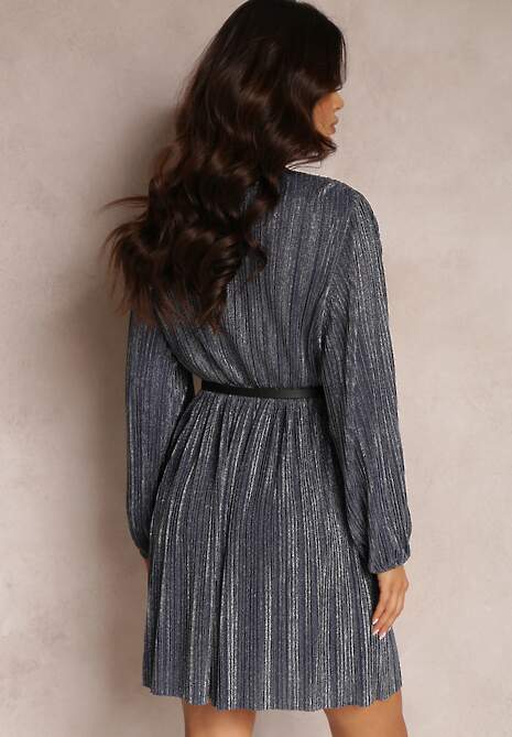 Granatowa Sukienka Metaliczna Plisowana z Paskiem Fonelle