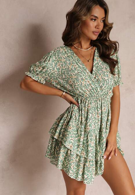Zielona Sukienka Mini z Gumką w Pasie i Kopertowym Dekoltem z Wiskozy Littlestar