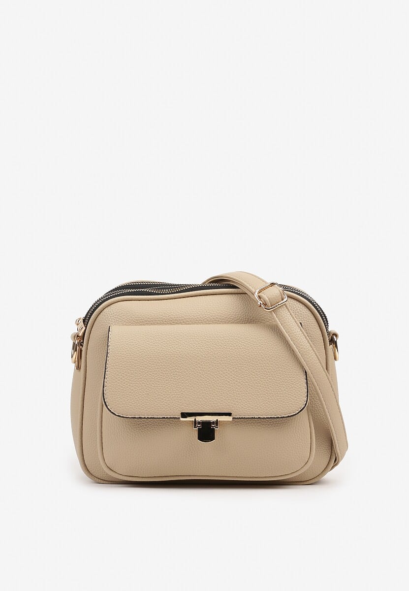 Beżowa  Torebka Listonoszka Trzykomorowa z Ozdobną Klapą Nanitiela
