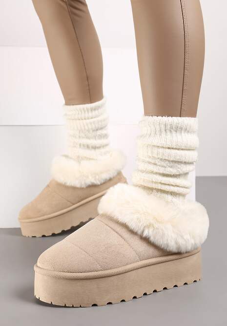 Beżowe Śniegowce na Grubej Podeszwie z Ociepleniem z Futerka Tirisha