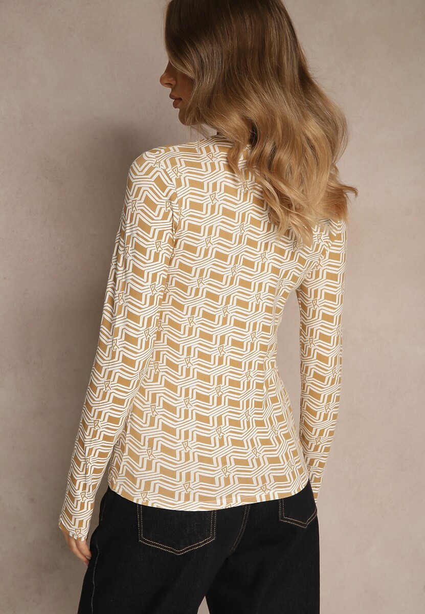 Biało-Beżowa Bluzka Longsleeve z Golfem z Bawełny w Geometryczny Print Zadanevia