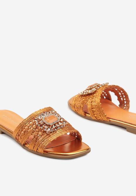 Pomarańczowe Klapki z Imitacji Skóry z Paskiem Ozdobionym Kamieniami Allmina