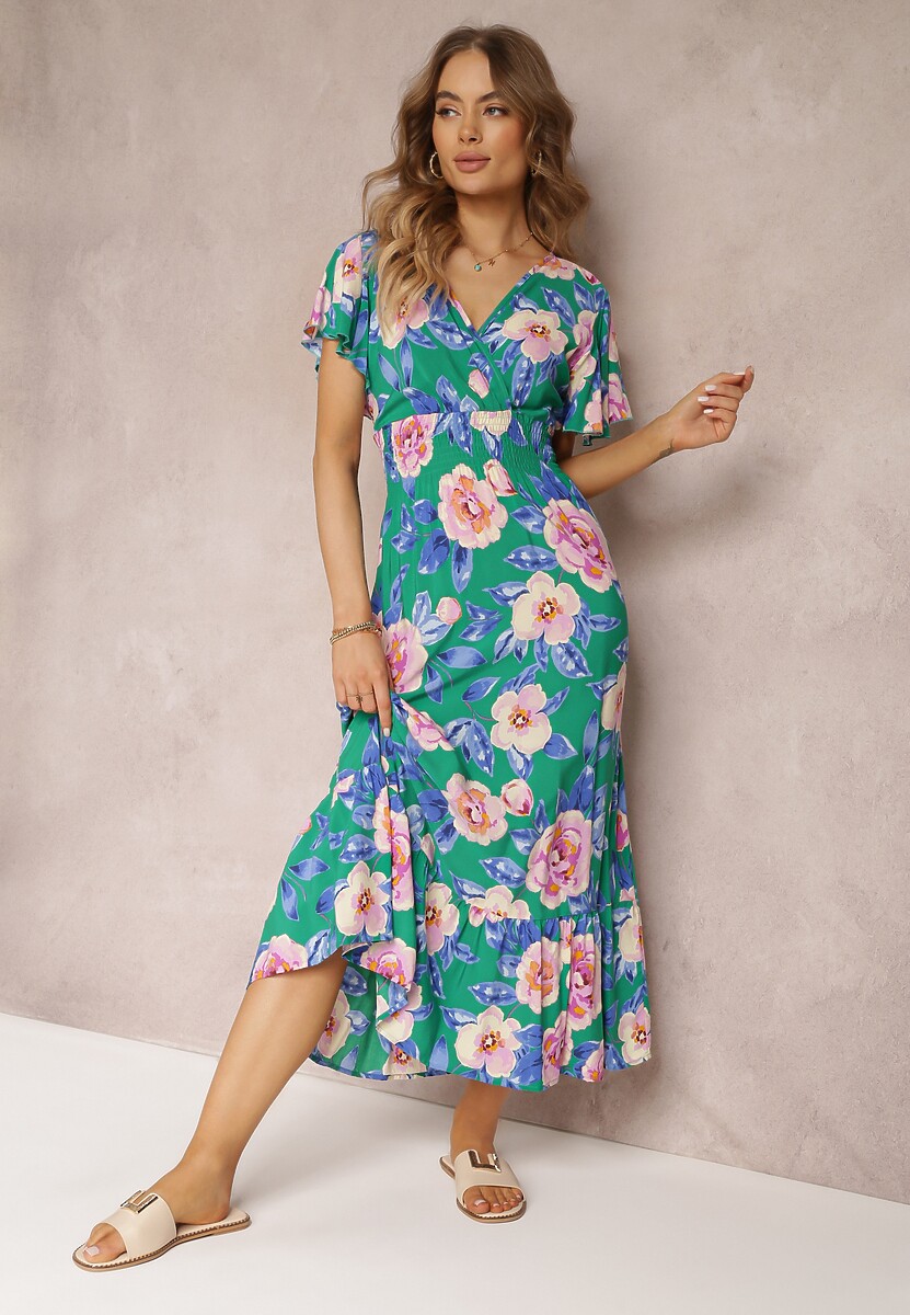 Zielona Rozkloszowana Sukienka Maxi z Gumkami w Talii i Falbankami Tayte