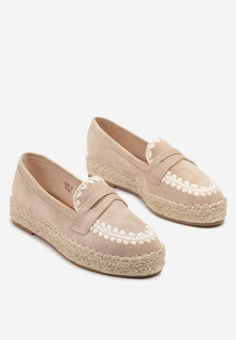 Ciemnobeżowe Espadryle z Haftem na Podeszwie z Plecionki Taslexia