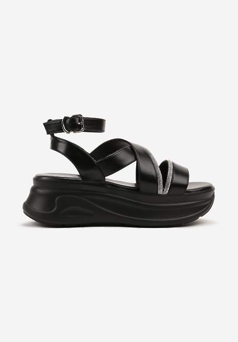 Czarne Sandały na Tłoczonej Platformie z Przeplatanymi Paskami z Cyrkoniami Sorellise