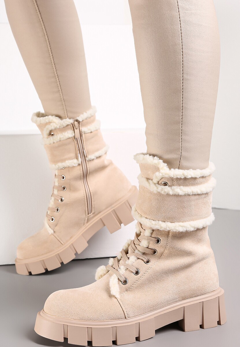 Beżowe Botki Workery na Grubej Podeszwie z Futerkiem Valiro
