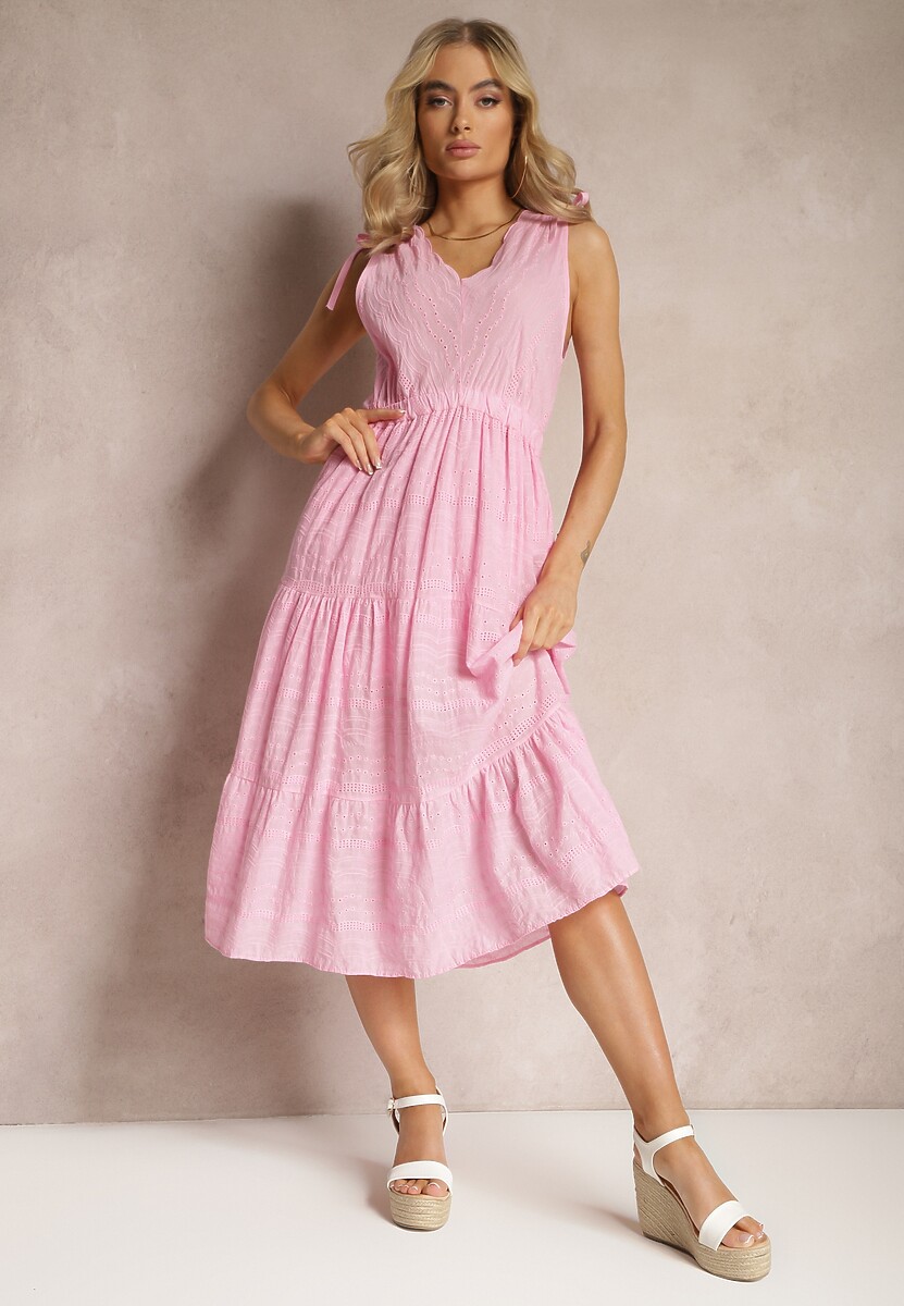 Różowa Rozkloszowana Sukienka Midi z Bawełny Ozdobiona Haftem z Troczkiem w Pasie Tuvina