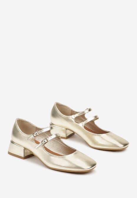 Złote Lakierowane Czółenka na Niskim Słupku ze Sprzączkami Nevsha