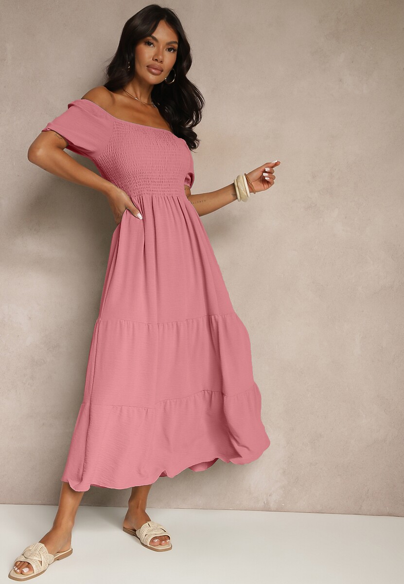 Ciemnoróżowa Sukienka Hiszpanka z Marszczoną Górą Lumirielle