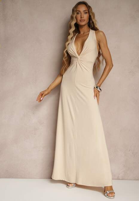 Jasnobeżowa Marszczona Sukienka z Wiskozą o Rozkloszowanym Fasonie Bez Rękawów Folonea