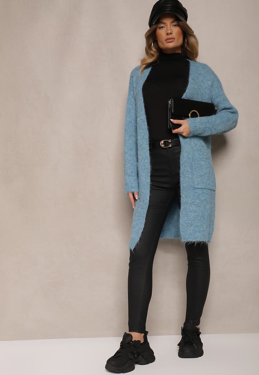 Niebieski Kardigan Niezapinany z Wełną i Kieszeniami Miathinae