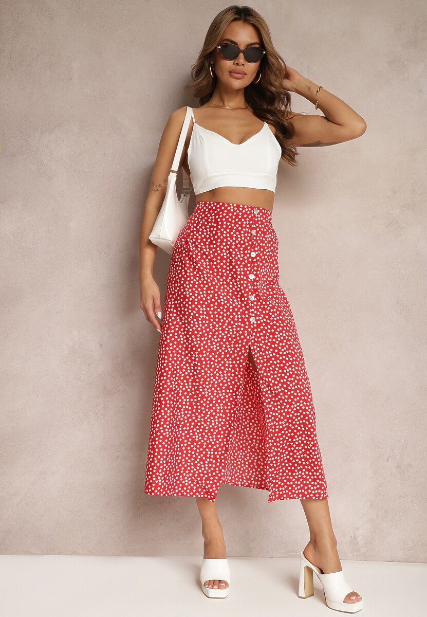 Niebieska Casualowa Spódnica Ozdobiona Guzikami i Wycięciem Fiada