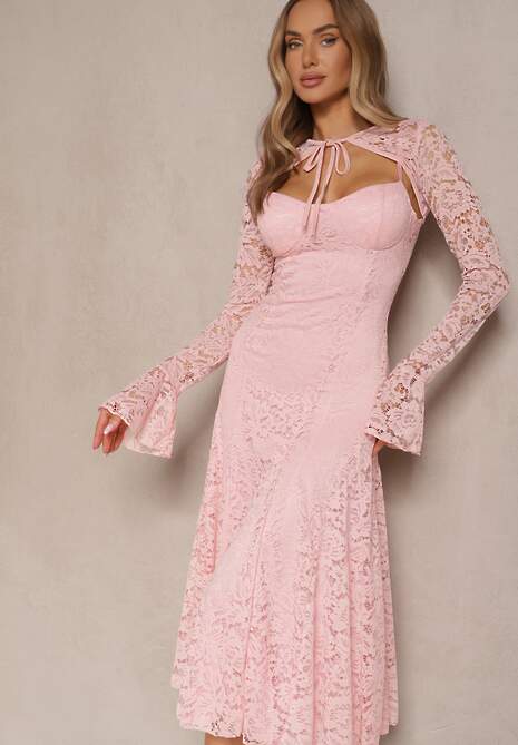 Ciemnoróżowa Rozkloszowana Sukienka z Koronki z Dodatkowym Bolerkiem Gonavora