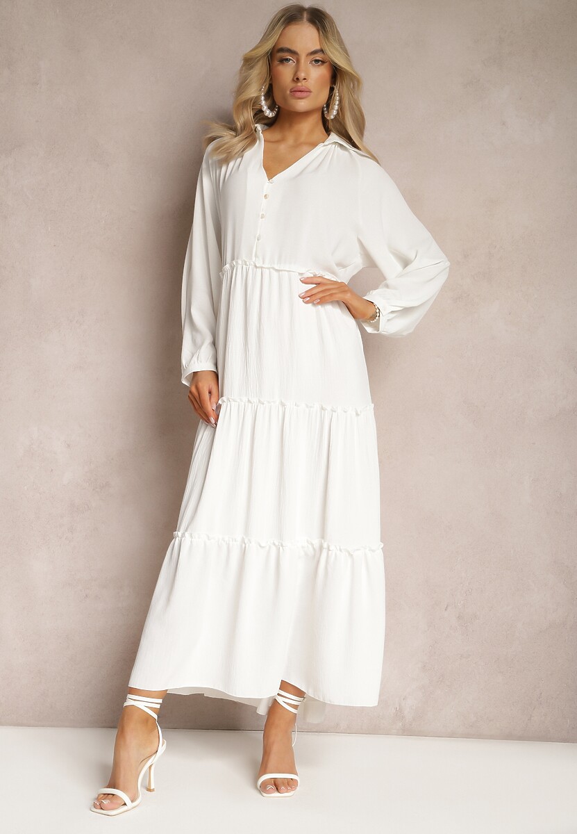 Biała Rozkloszowana Sukienka Maxi z Falbankami i Kołnierzykiem Rehtima