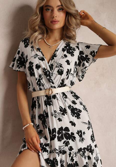 Biała Sukienka Mini z Wiskozy w Kwiaty i Kopertowym Dekoltem Irimette