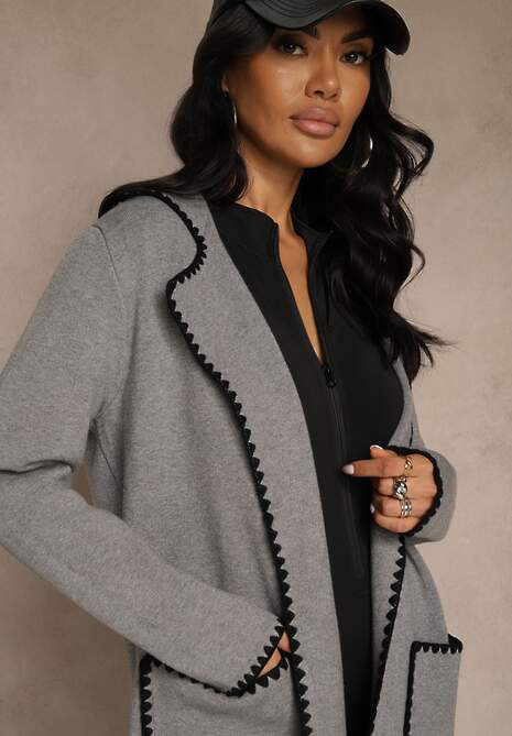 Szary Kardigan z Haftowaną Lamówką Tuscele