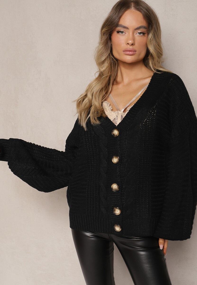 Czarny Kardigan z Dodatkiem Wiskozy Wykończony Guzikami Tłoczeniem i Ściągaczem Fizora
