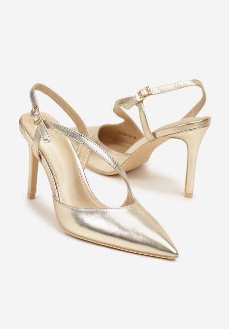 Złote Asymetryczne Sandały Vices na Obcasie ze Szpiczastym Noskiem Niriese