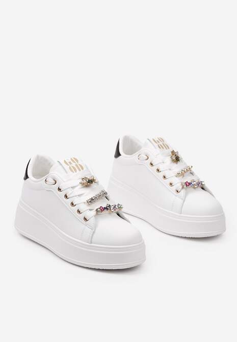Biało-Czarne Sneakersy na Platformie Ozdobione Odpinanymi Aplikacjami z Cyrkonii Neishi