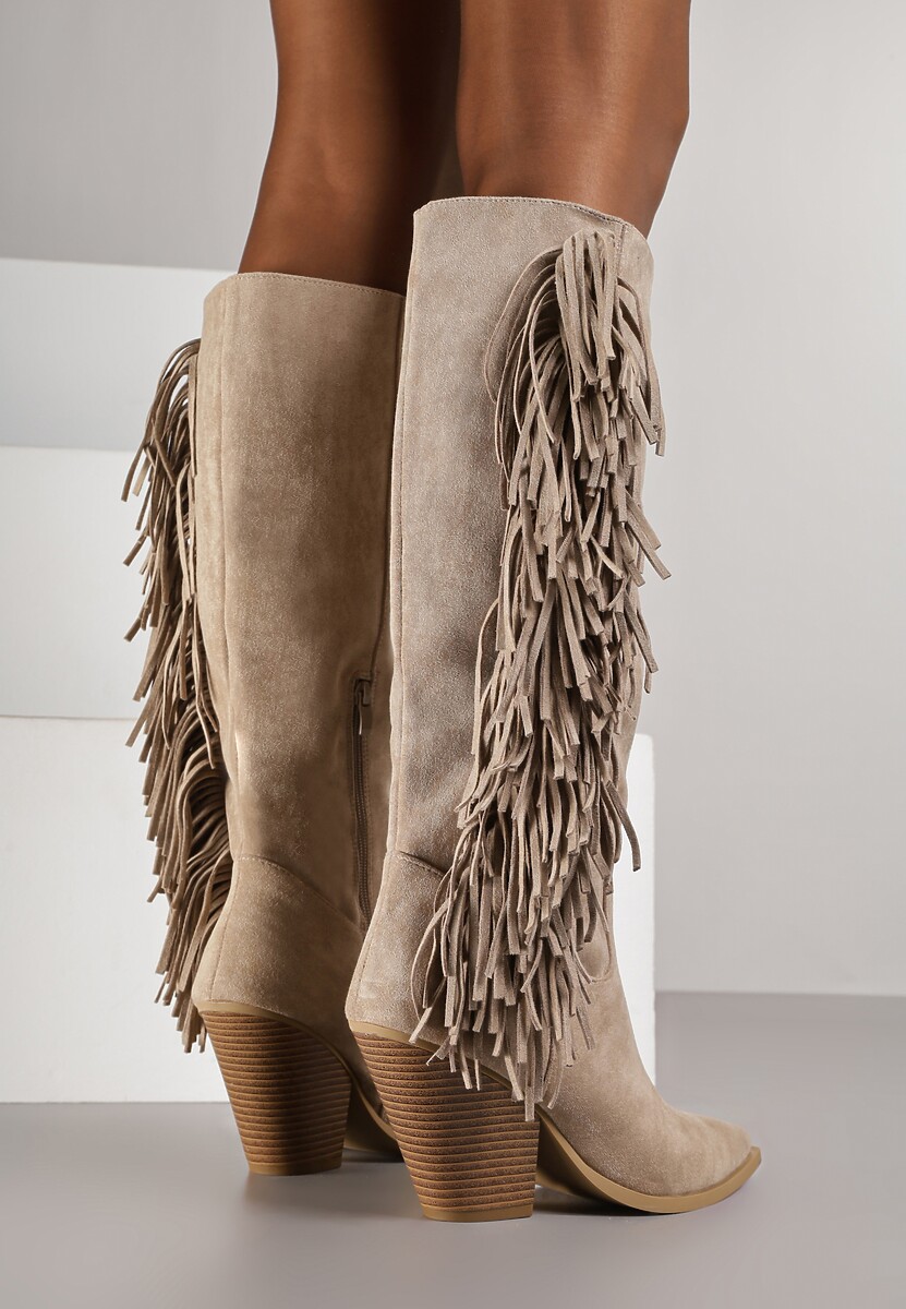 Ciemnobeżowe Kozaki Kowbojki z Imitacji Zamszu z Frędzlami i Stożkowym Obcasem Rafilea