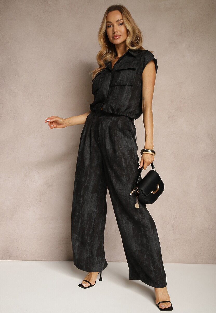 Czarny Komplet Spodnie o Szerokim Kroju i Koszula z Kieszeniami Greltebis