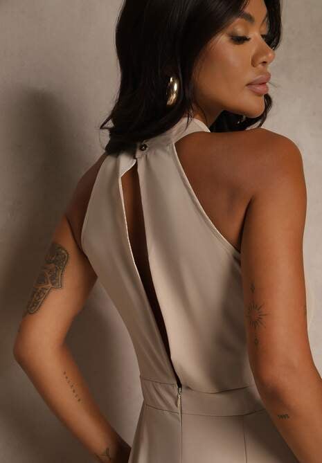 Beżowy Kombinezon Wide Leg z Ozdobnym Wiązaniem przy Szyi Silelia