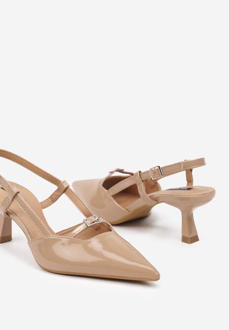 Beżowe Czółenka na Szpilce Typu Kaczuszka Peep Toe Ozdobione Klamrami Evalssia