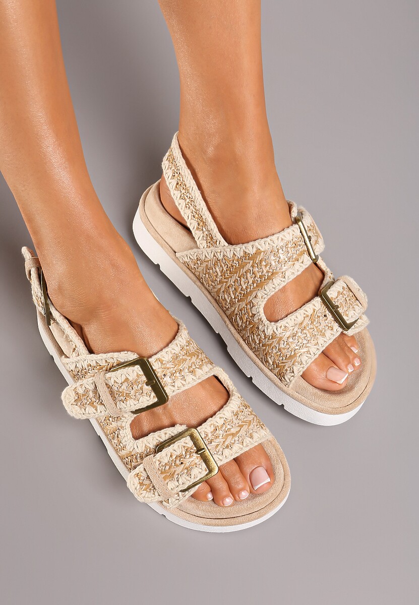 Ciemnobeżowe Sandały na Niskiej Platformie ze Sprzączkami Obisina