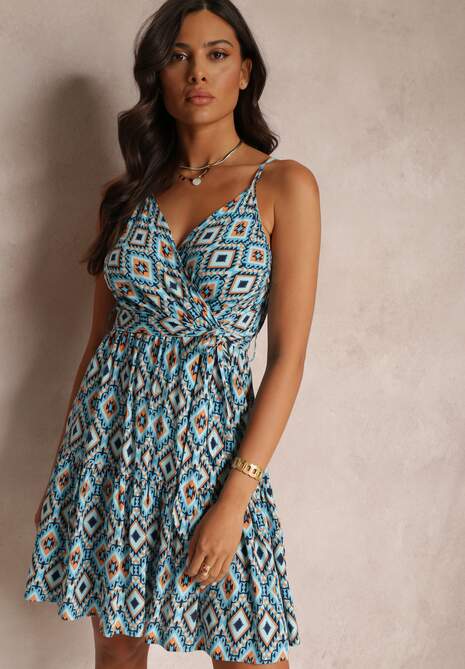 Niebieska Wiskozowa Sukienka Boho z Gumką w Talii Nirtha