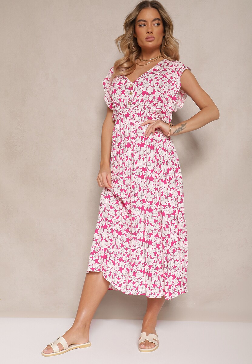 Fuksjowa Rozkloszowana Sukienka z Bawełny w Kwiatowy Wzór z Gumką w Talii Alaniria