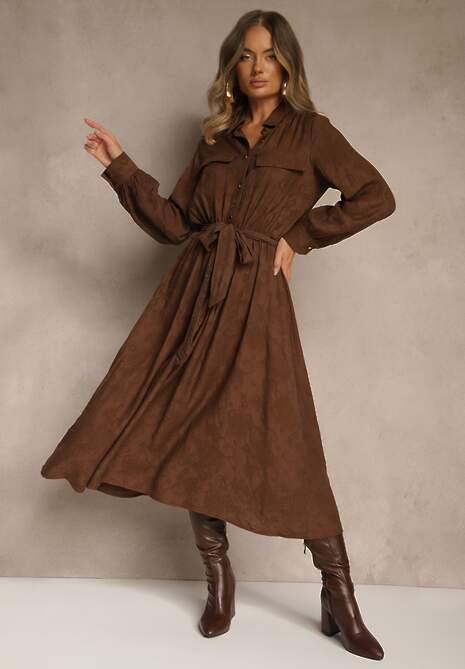 Brązowa Koszulowa Sukienka z Wiskozy o Rozkloszowanym Fasonie z Wiązaniem Isozera