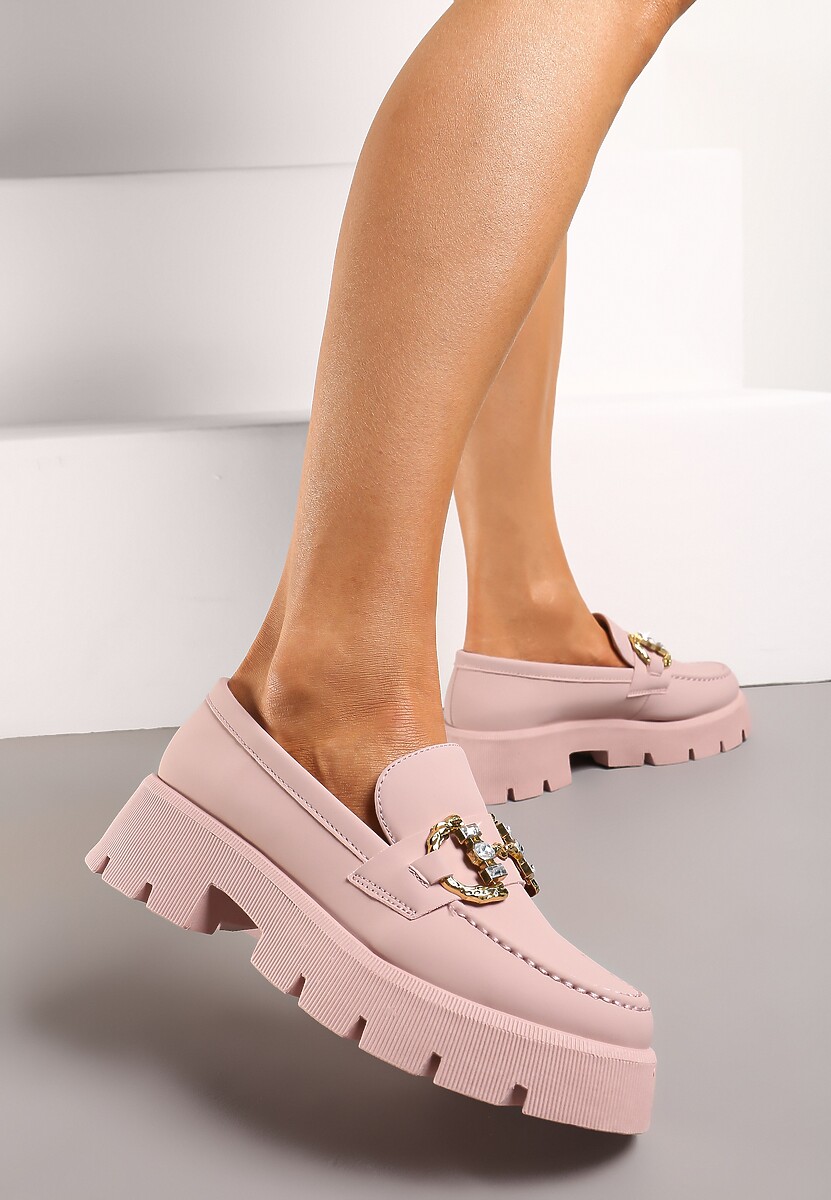 Różowe Mokasyny z Grubą Podeszwą w Kolorze Cholewki z Klamrą Rosarose