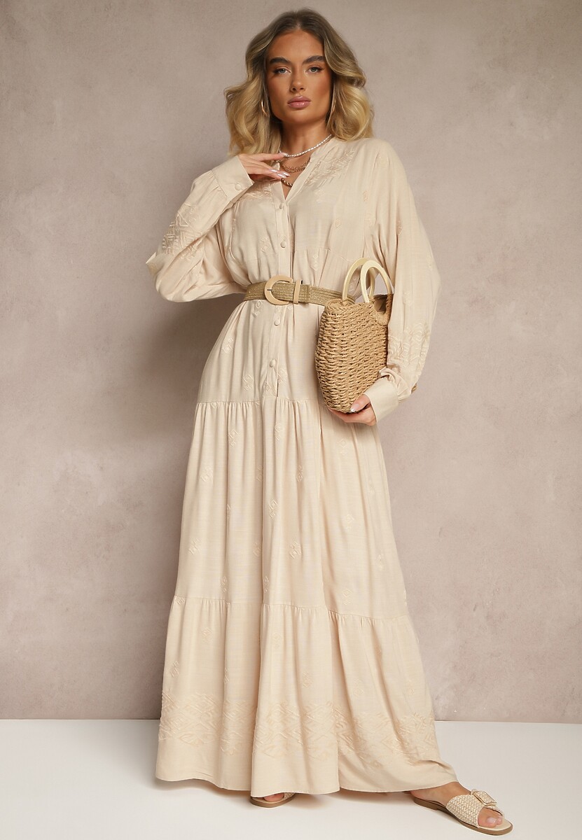 Biało-Zielona Rozkloszowana Sukienka Ozdobiona Haftem i Wzorem Boho Ronavere