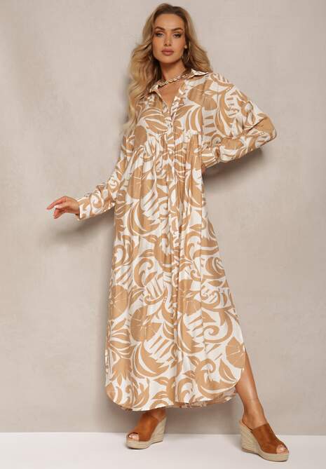 Beżowa Rozkloszowana Sukienka w Kroju Szmizjerki z Zapięciem na Guziki i Falbanką Kelloena