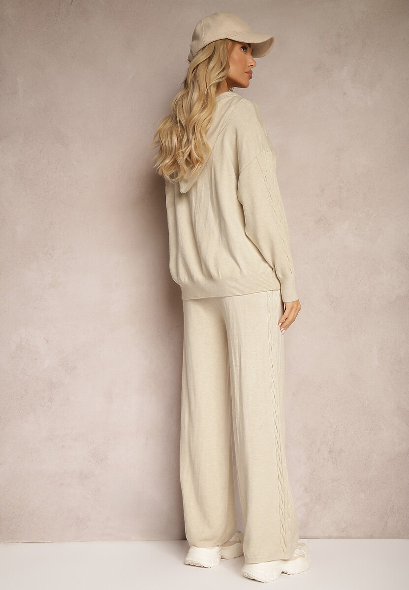 Jasnobeżowy Komplet z Dzianiny Oversizowa Bluza z Kapturem i Spodnie z Szerokimi Nogawkami Mathuva