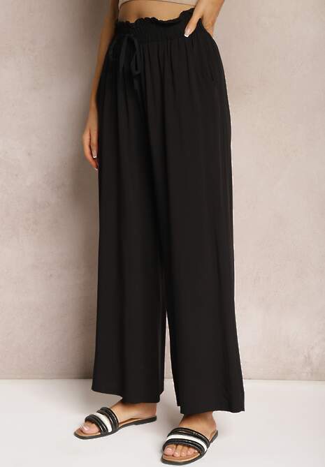 Czarne Spodnie Palazzo High Waist z Bawełny Wykończone Gumką w Talii Nellsea