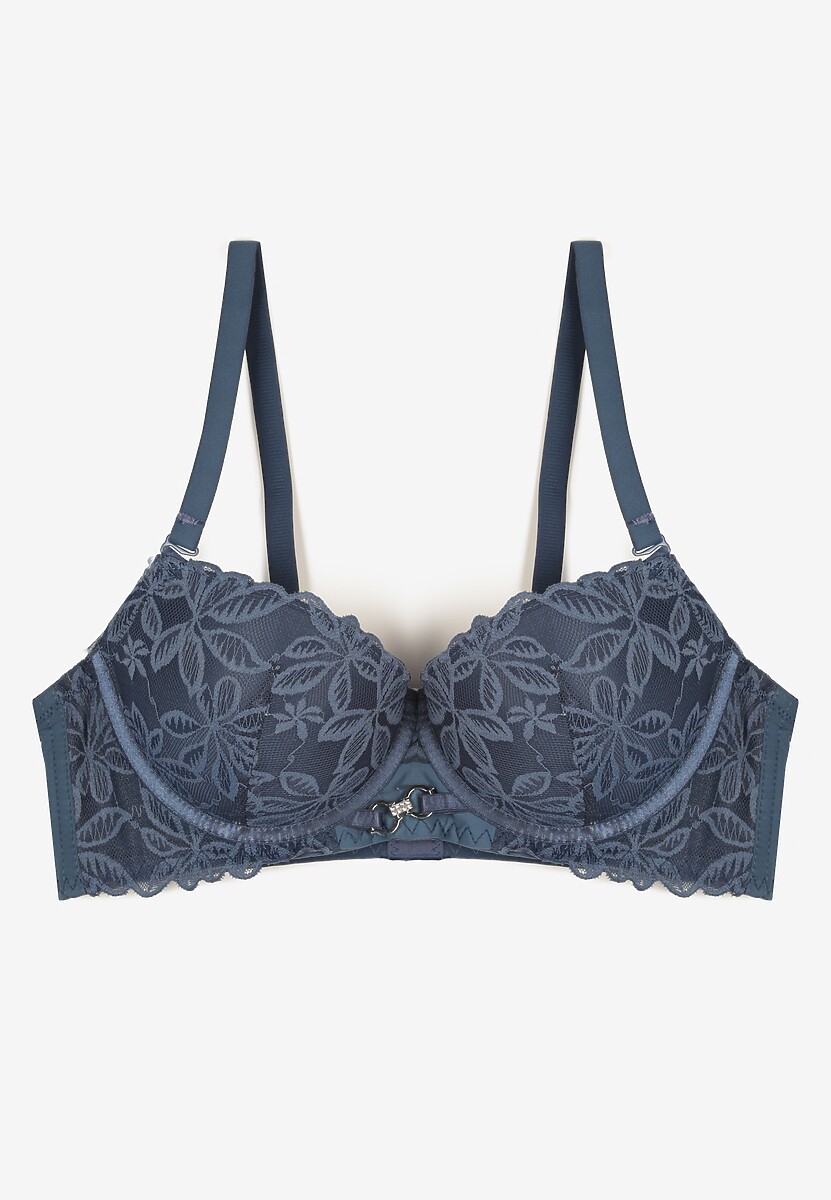 Granatowy Biustonosz Push Up Ozdobiony Koronką z Odpinanymi Ramiączkami z Regulacją Bilania