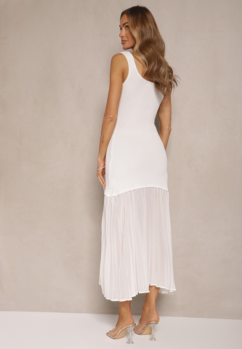 Biała Taliowana Sukienka na Ramiączkach z Prążkowanej Tkaniny z Tiulem Nolzedi
