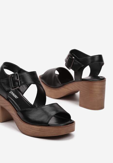 Czarne Sandały na Platformie i Słupku z Zapięciem wokół Kostki Hannneli