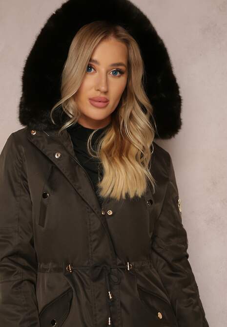Ciemnozielona Kurtka Parka z Kapturem i Ozdobnym Futerkiem Dioneta
